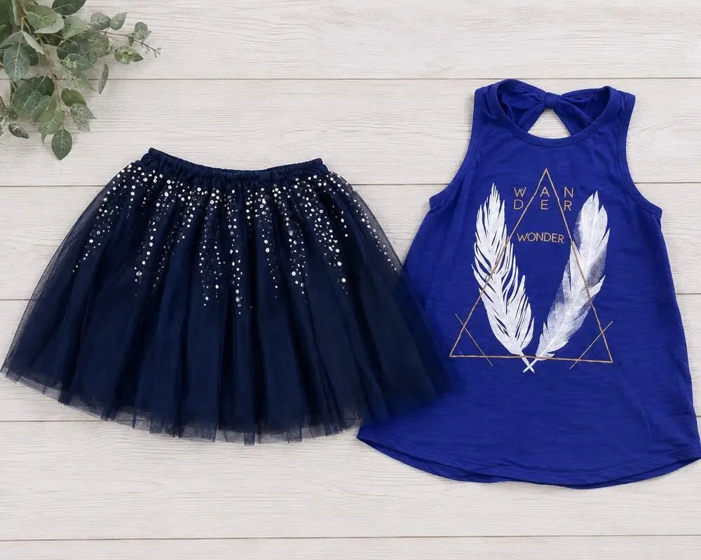 Justice Navy Sequin Tutu Skirt Old Navy Wander Tank Top Girls Size 10-12 Bundle